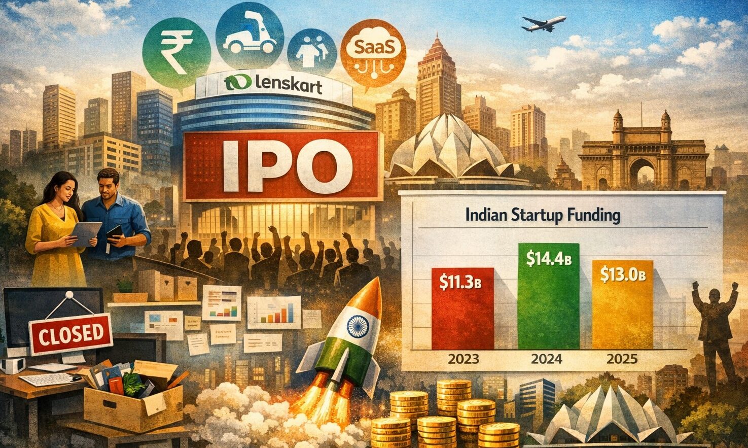 Indian startups, startup funding 2025, India IPOs, venture capital India, startup ecosystem, fintech funding, AI startups, Bengaluru startups, Indian IPO market, startup layoffs, startup shutdowns