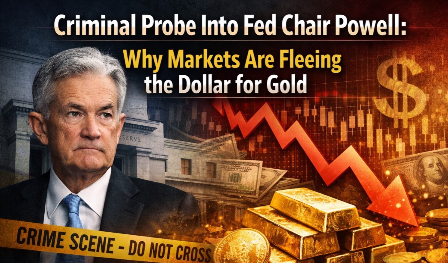Illustration showing Federal Reserve Chair Jerome Powell amid falling market charts, a weakening dollar, and rising gold prices, symbolizing investor anxiety over a criminal investigation.