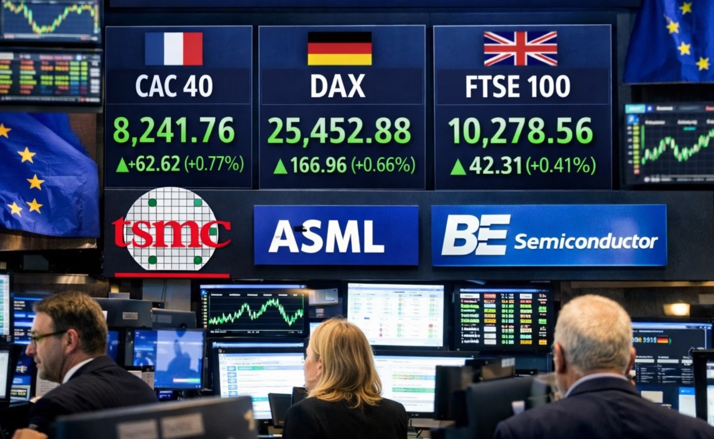 European equity markets rise as semiconductor stocks gain following strong TSMC earnings.