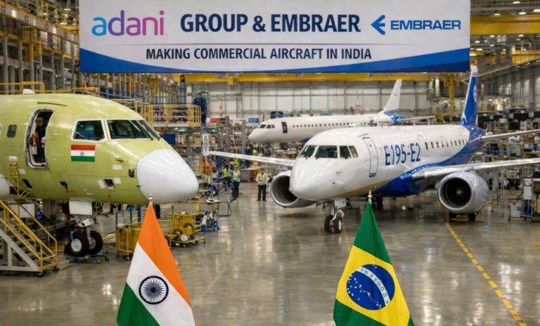 Adani Group, Embraer, Indian aviation, aircraft manufacturing, Make in India, commercial aircraft, aerospace industry, civil aviation, final assembly line, India aviation market