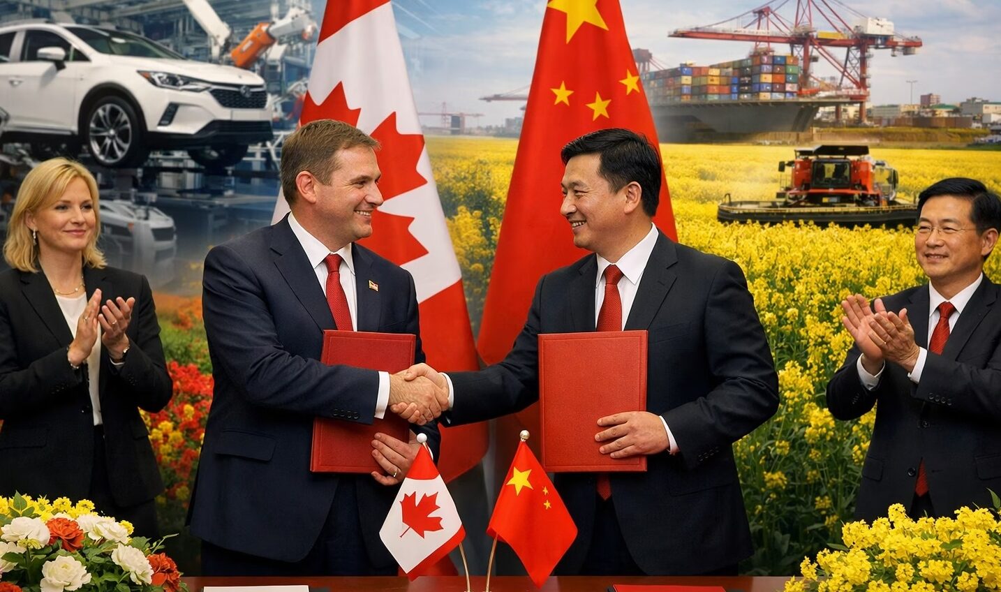 The Canada–China trade reset is symbolized by officials shaking hands, with electric vehicle manufacturing and canola fields highlighting tariff cuts on EVs and agriculture.