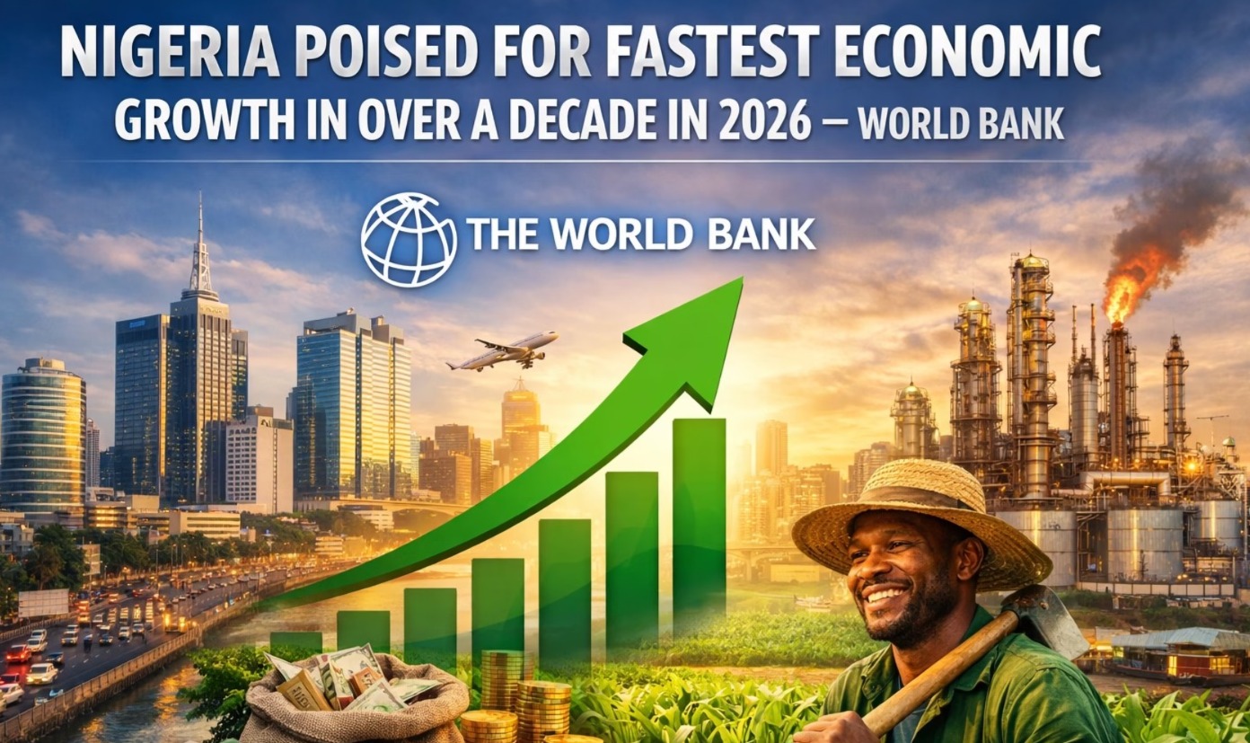 image showing Nigeria’s economic growth outlook for 2026 with Lagos skyline, agriculture, oil refinery, and an upward growth chart symbolizing the World Bank forecast.