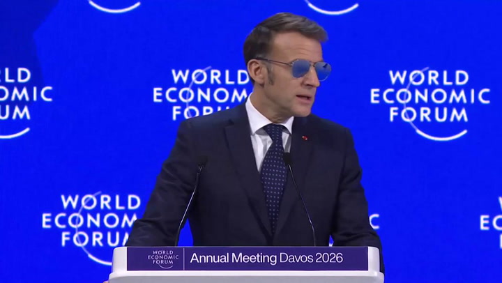 French President Emmanuel Macron speaks at Davos 2026, criticizing U.S. tariffs during the World Economic Forum.