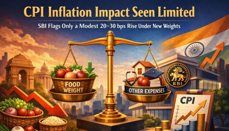 India’s CPI inflation outlook with balanced food and non-food weights, highlighting SBI’s view that inflation impact will be limited to a modest 20–30 bps rise under new CPI weights.