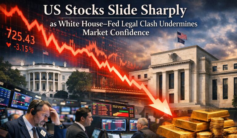 US stock markets plunge as a sharp red market graph falls between the White House and the Federal Reserve, symbolizing political tension and loss of investor confidence.