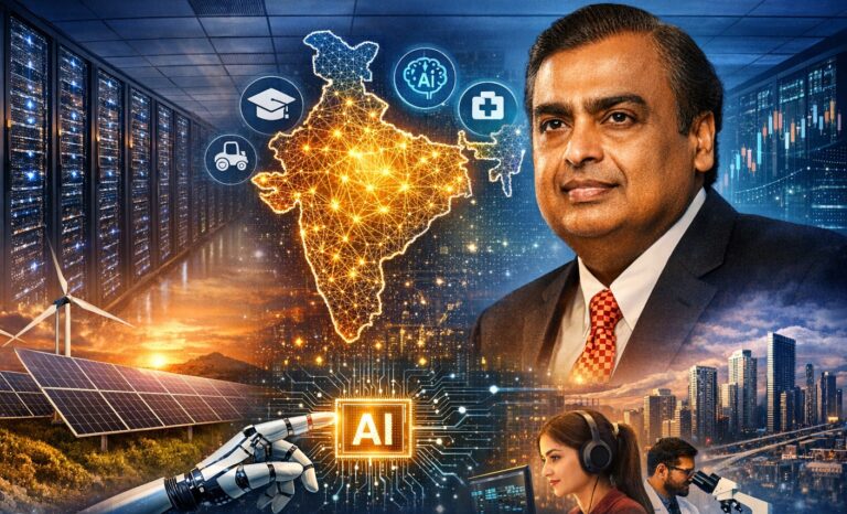 Mukesh Ambani, Reliance Industries, Jio, Jio Intelligence, India AI Impact Summit, Artificial Intelligence, AI Infrastructure, Sovereign AI, Green Energy, Data Centres, Edge Computing, Digital India, Aadhaar, UPI, Renewable Energy, India Tech Investment