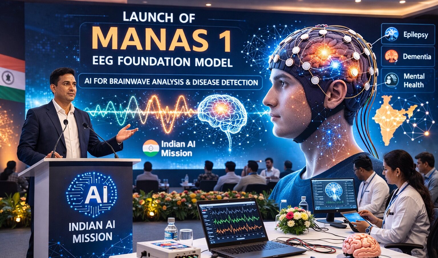MANAS 1, EEG AI model, brainwave analysis, Intellihealth NeuroDx, Dr Puneet Agarwal, Indian AI Mission, healthcare technology, epilepsy detection, dementia research, India AI news