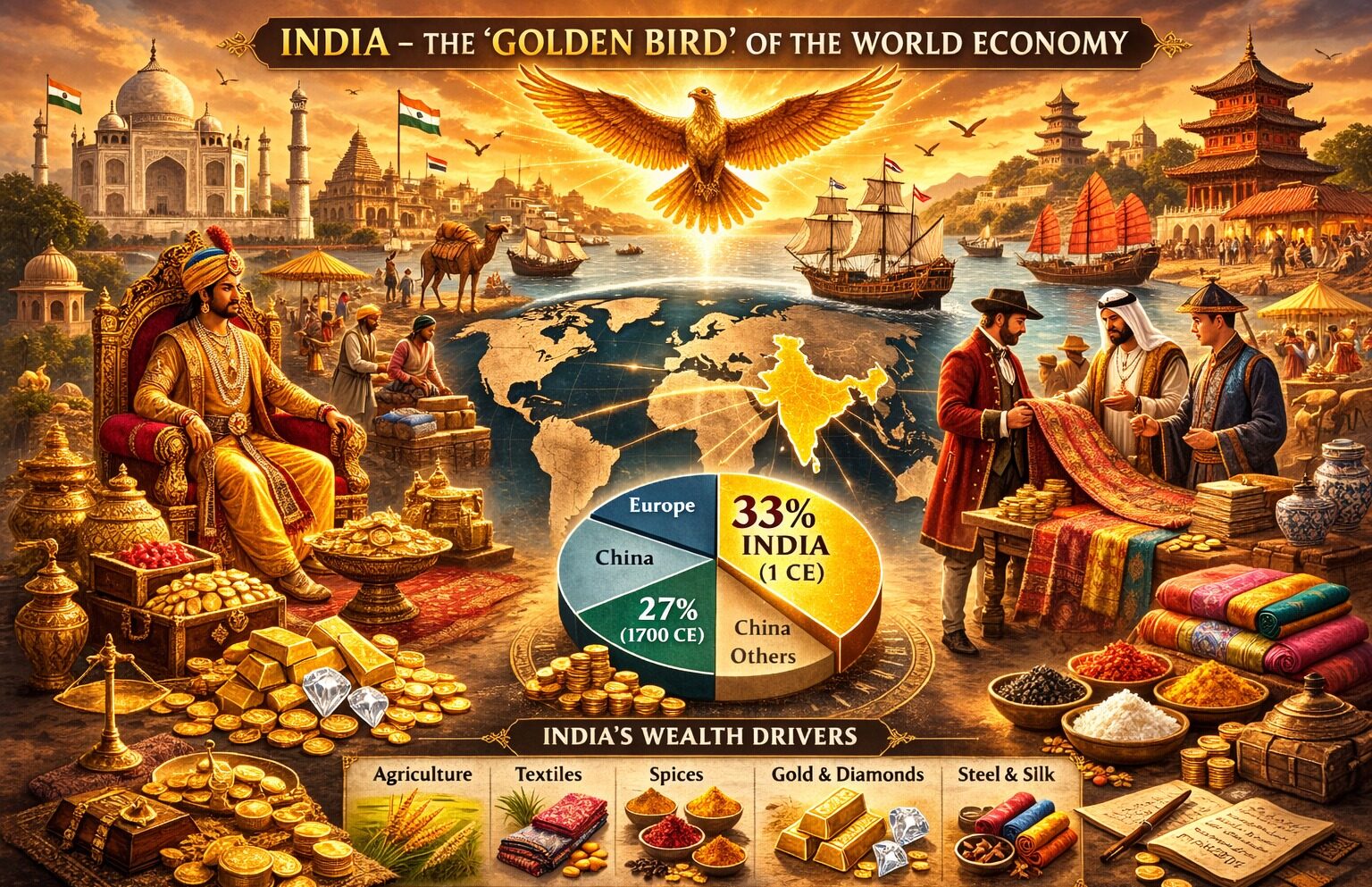 India economy history, Golden Bird India, global GDP history, Angus Maddison research, ancient Indian economy, India trade history, world economy 1 CE, medieval India economy, India textiles and spices, economic history India