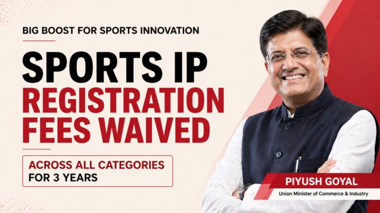 Sports IP Registration Fees, IP registration waiver India, patents trademarks copyrights India, Piyush Goyal announcement, World IP Day India, sports innovation policy, GI tag India, DPIIT initiatives, sports manufacturing clusters, IP ecosystem India
