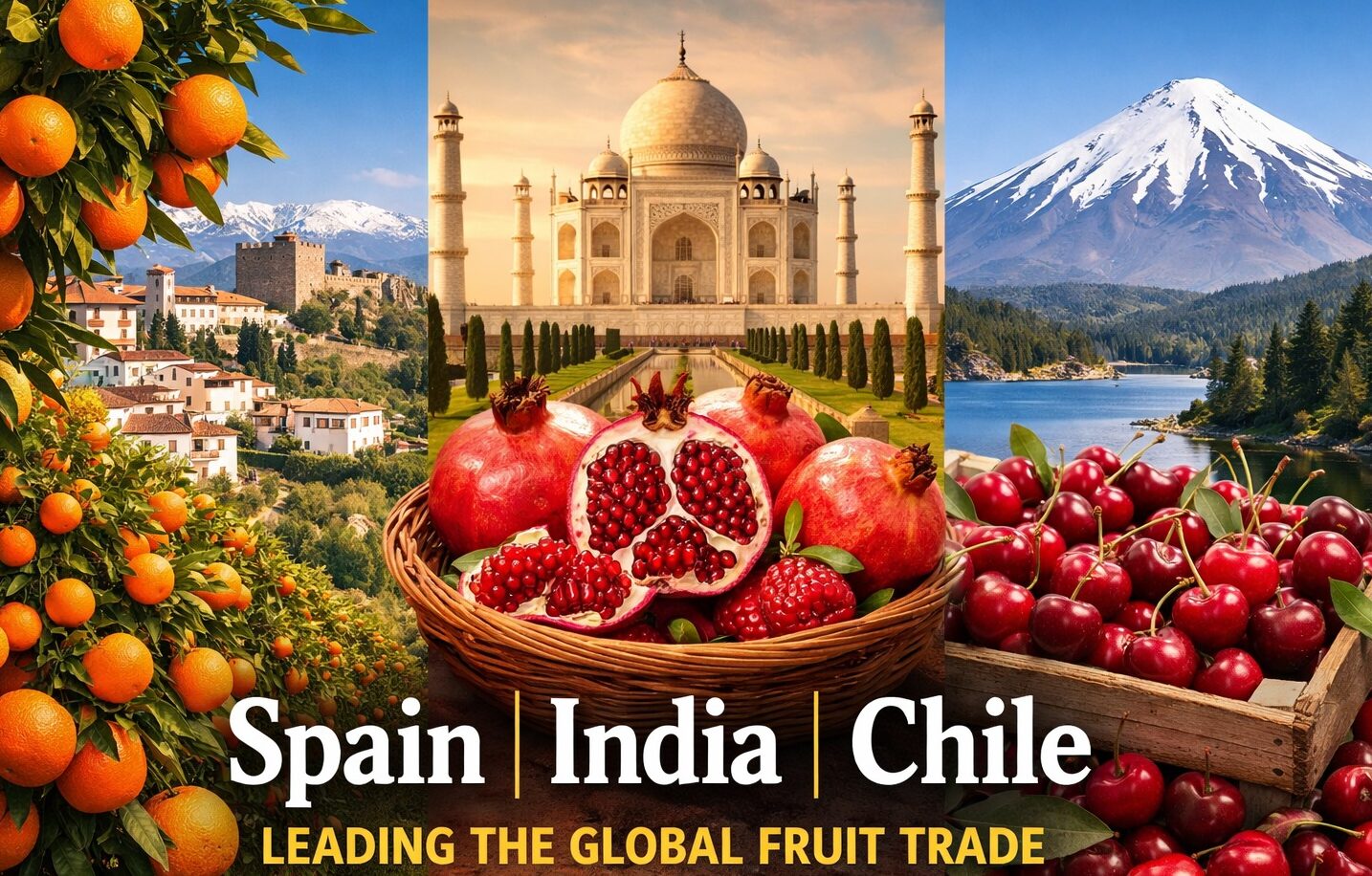 global fruit trade, fruit exports, Spain oranges export, India pomegranate export, Chile cherry export, agriculture exports, global trade, farming economy, food supply chain, export markets, agri business, international trade