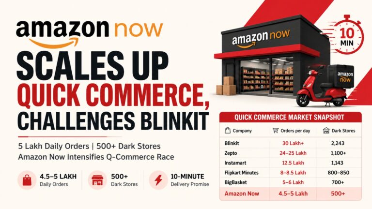 Amazon Now, Amazon Now India, Amazon quick commerce, Amazon Now dark stores, Amazon Now daily orders, Blinkit vs Amazon Now, Zepto, Instamart, BigBasket, Flipkart Minutes, quick commerce India, 10 minute delivery, ecommerce India, grocery delivery apps, dark store network, Indian retail market, online grocery India, Amazon India expansion, qcommerce market, quick commerce competition