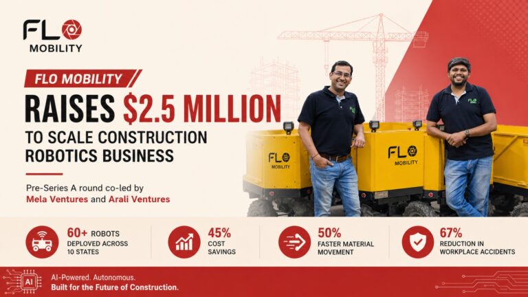 Flo Mobility, Construction Robotics, AI Startups India, Robotics Startup, Bengaluru Startup, Mela Ventures, Arali Ventures, Physical AI, Autonomous Robots, Construction Technology, Indian Startups, Smart Infrastructure, PropTech India, Flo Hauler, Automation in Construction