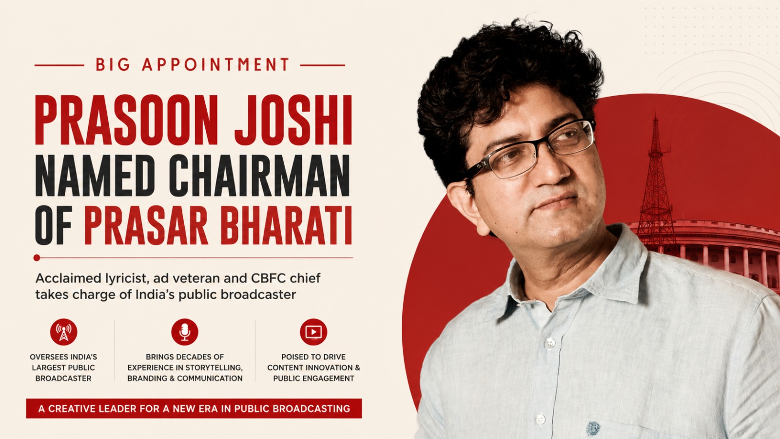 Prasoon Joshi, Prasar Bharati, Chairman Appointment, Indian Media, Public Broadcasting India, Doordarshan, All India Radio, CBFC Chief, Advertising Industry India, McCann Worldgroup, Media Leadership, Broadcasting Reform, Government Appointment India, Indian Entertainment Industry, Media Transformation India