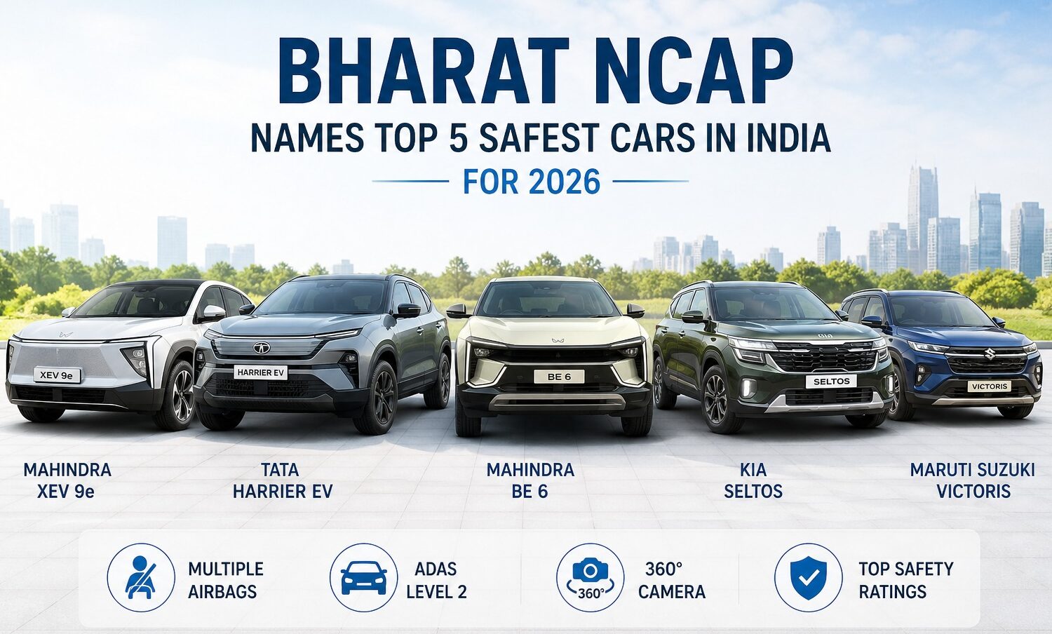 Bharat NCAP, safest cars India 2026, car safety ratings, Mahindra XEV 9e, Tata Harrier EV, Kia Seltos, Maruti Suzuki Victoris, Mahindra BE 6, SUV safety India, ADAS Level 2, car crash test India, vehicle safety rankings