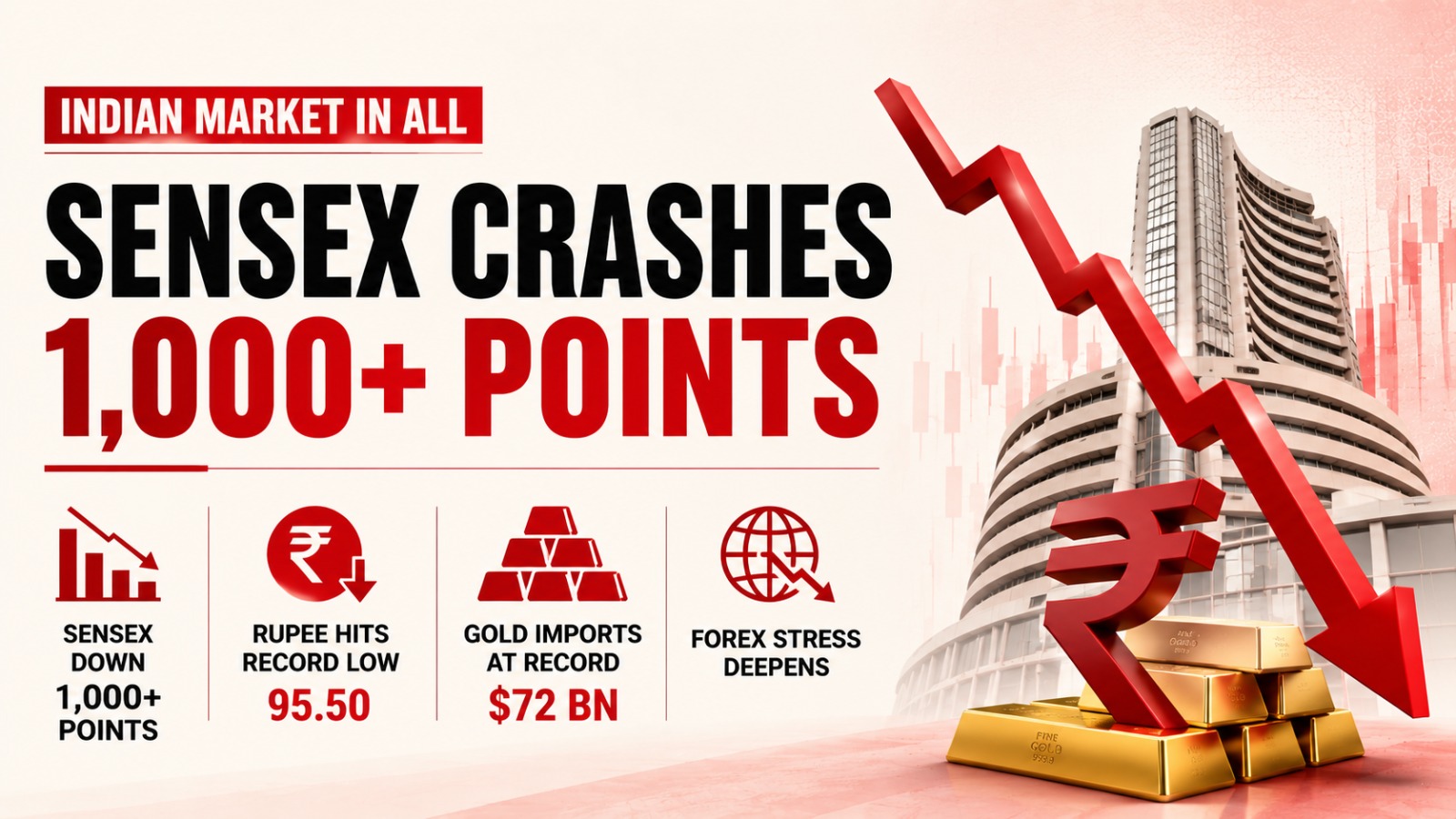 Indian Market, Indian Stock Market, Sensex, Nifty, Market Crash, Rupee, Rupee Record Low, Forex Crisis, PM Modi, Gold Imports, Gold Prices, CAD, Current Account Deficit, FPI Selling, US Treasury Yields, Dollar Strength, Crude Oil Prices, Titan, Kalyan Jewellers, India Economy, Dalal Street, Equity Market, Indian Shares, Market News India, Stock Market Today