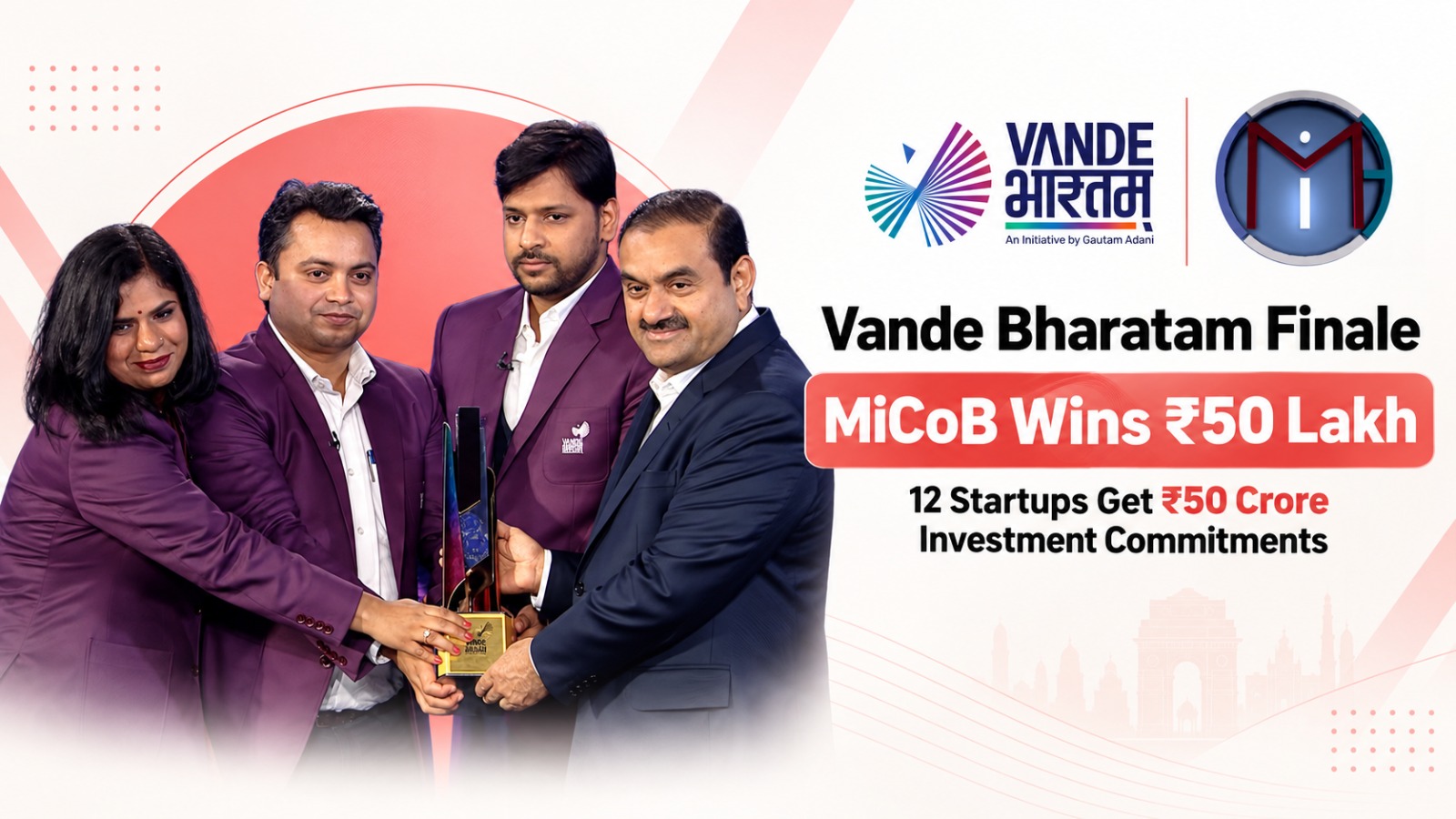 Vande Bharatam, MiCoB, Gautam Adani, Adani Group, Vande Bharatam Grand Finale, MiCoB Funding, Indian Startups, Startup Investment India, ₹50 Crore Startup Investment, Kalyan Krishnamurthy, Ashutosh Valani, Rajeev Khandelwal, Bhaumya Innovations, Ambiator, Genrobotic Innovations, SpaceFields, Indian Entrepreneurship, Startup Funding News