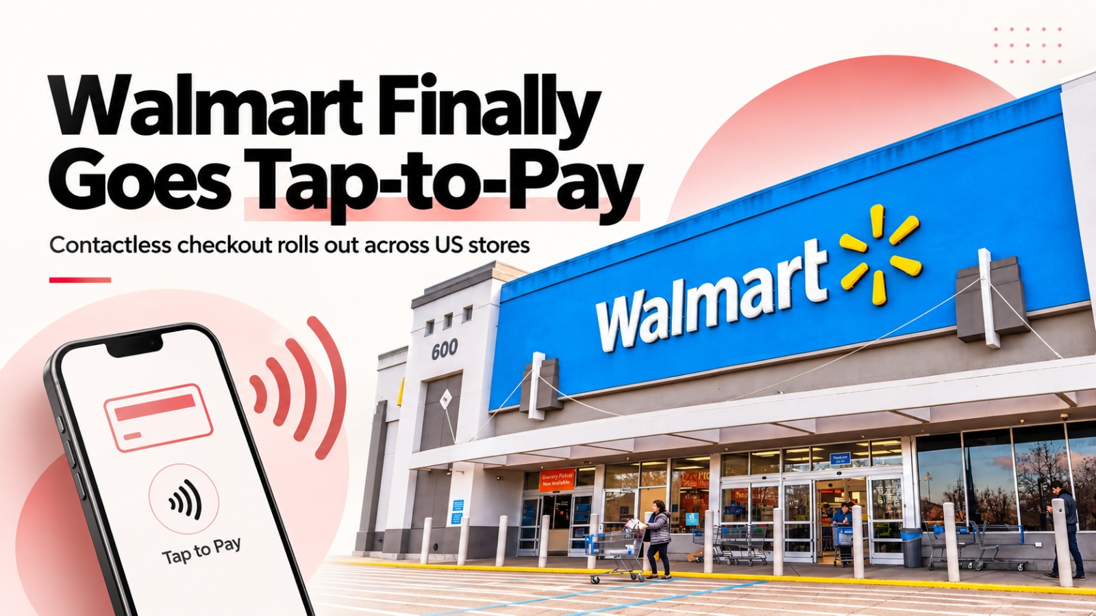 Walmart storefront featured image with the headline “Walmart Finally Goes Tap-to-Pay,” showing a smartphone with a contactless payment icon.