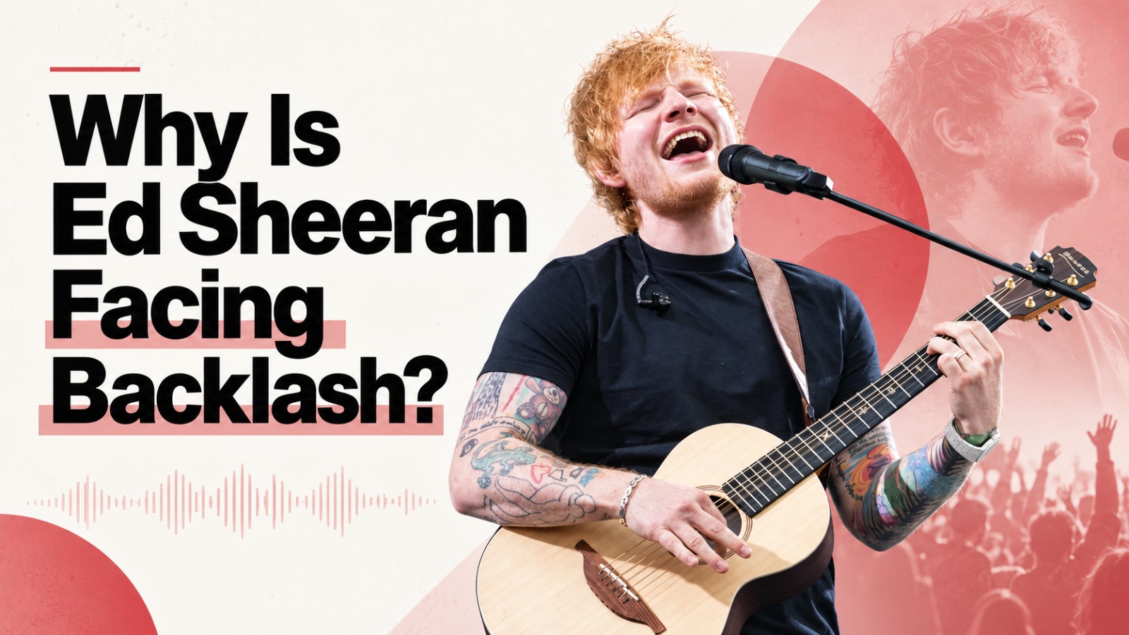 Ed Sheeran performing with an acoustic guitar beside the headline “Why Is Ed Sheeran Facing Backlash?”