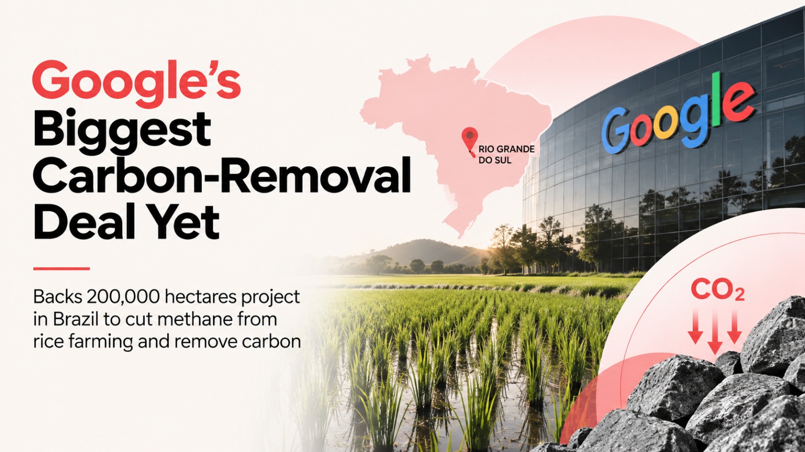 Google, Google Carbon Removal Deal, Terradot, Carbon Removal, Brazil, Rice Farming, Methane Emissions, Enhanced Rock Weathering, Carbon Credits, Climate Tech, Rio Grande do Sul, Google Terradot Deal, Carbon Removal Credits, Methane Abatement, Climate Change