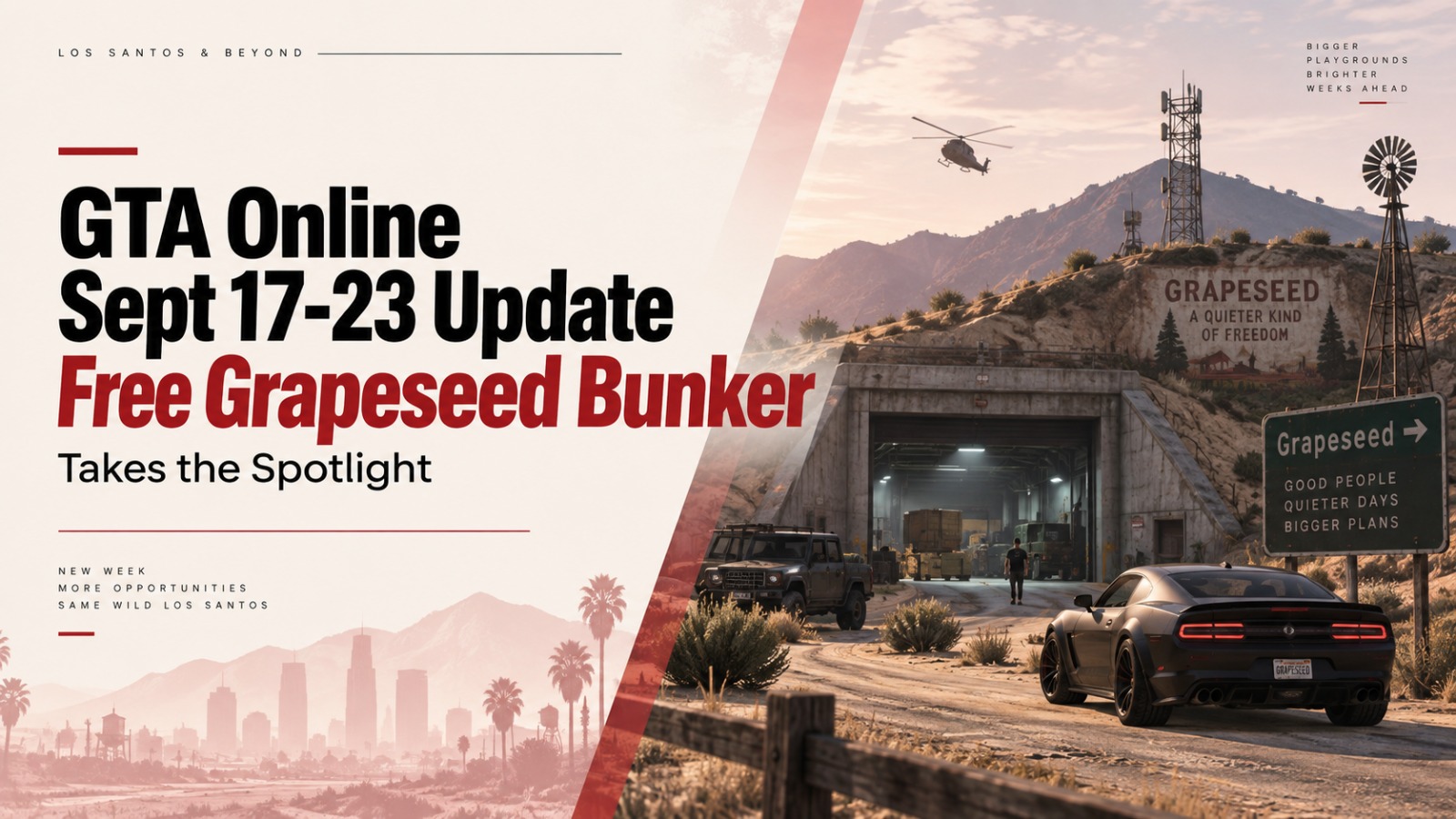 GTA Online, GTA Online weekly update, GTA Online September 17 update, GTA Online September 2026, GTA Online free bunker, Grapeseed Bunker, GTA Online Grapeseed Bunker, GTA Online GTA$1 million, GTA Online weekly challenge, GTA Online 3X GTA$, GTA Online 2X GTA$, GTA Online rewards, GTA Online discounts, GTA Online Pegassi Horus, GTA 6 Online