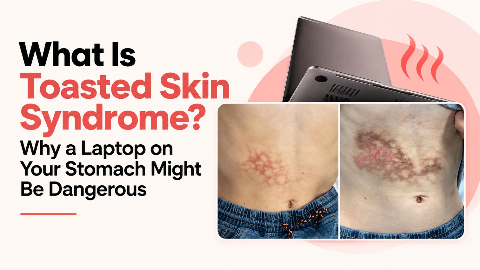 image explaining toasted skin syndrome, showing heat-related net-like skin discoloration on the abdomen alongside a laptop, with the headline “What Is Toasted Skin Syndrome?”