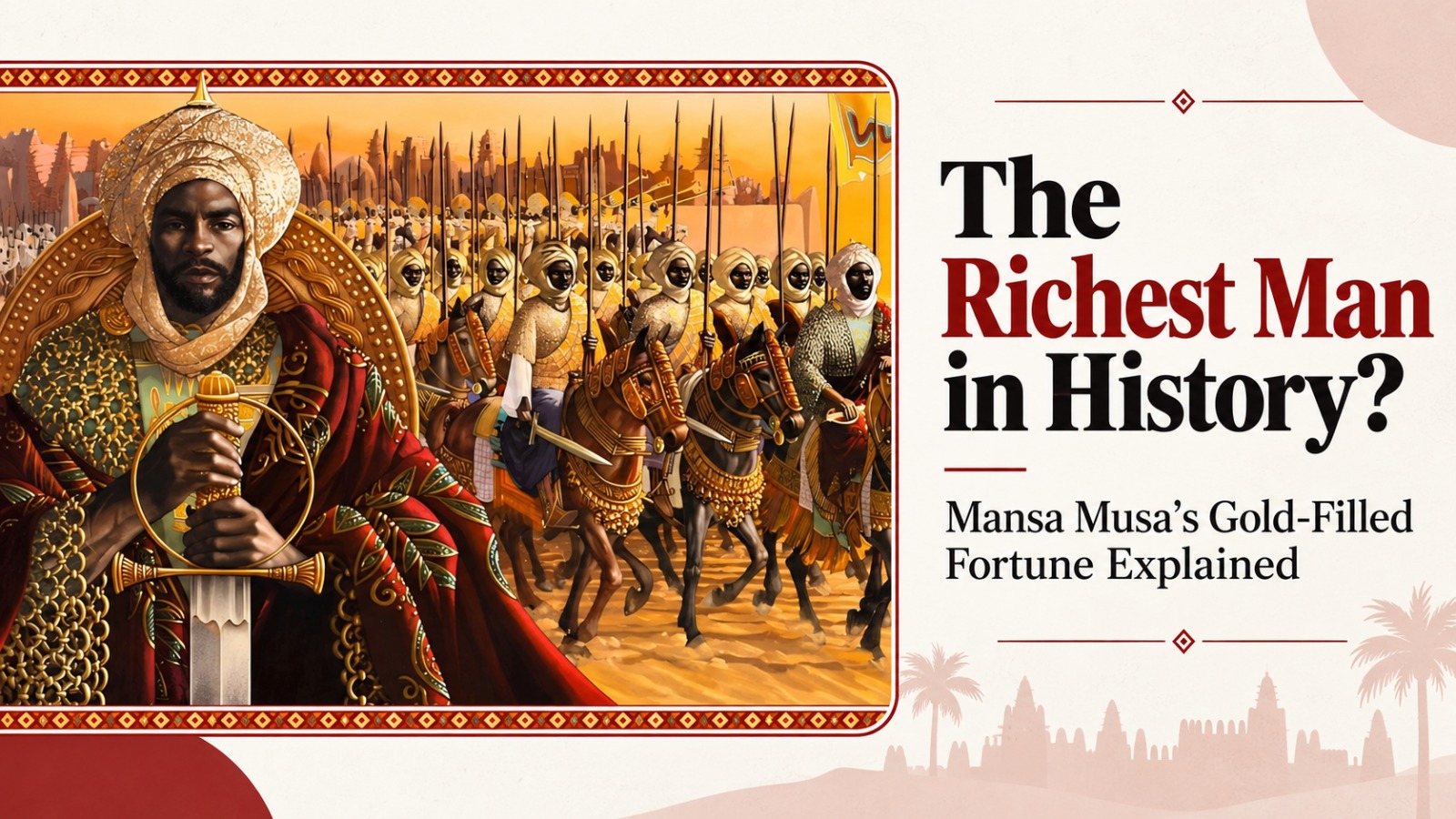 Mansa Musa, Mansa Musa wealth, richest man in history, richest person ever, Mali Empire, Mansa Musa fortune, Mansa Musa gold, Mali gold, African history, medieval history, Timbuktu, Mansa Musa pilgrimage, history of wealth, richest rulers, West Africa