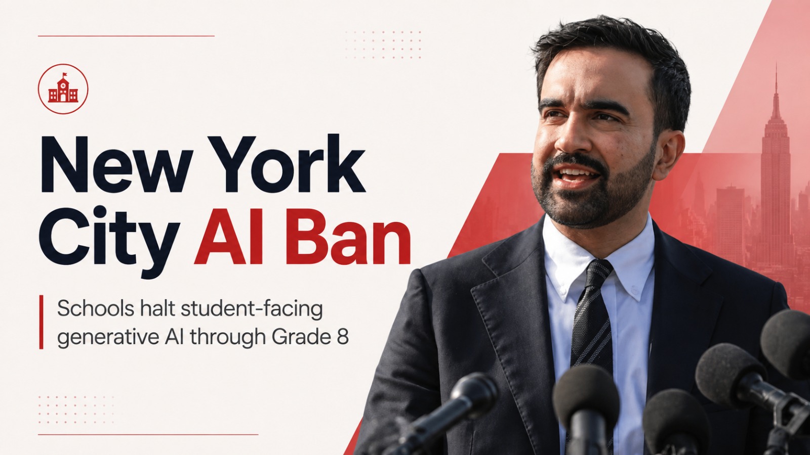 New York City AI ban, NYC schools AI ban, Zohran Mamdani, generative AI in schools, AI education policy, New York City public schools, AI school restrictions, student AI use, AI literacy, education technology, ChatGPT in schools, screen time policy, high school AI pilots, artificial intelligence education, US education news