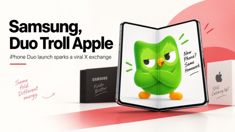 Samsung, Duolingo, Apple, iPhone Duo, Samsung trolls Apple, Duolingo trolls Apple, Apple iPhone Duo, iPhone Duo launch, Apple foldable iPhone, Samsung Mobile US, Duolingo Duo, Apple launch 2026, iPhone Duo price, viral X exchange, Samsung vs Apple, foldable iPhone, Apple first foldable phone, iPhone Duo 2026