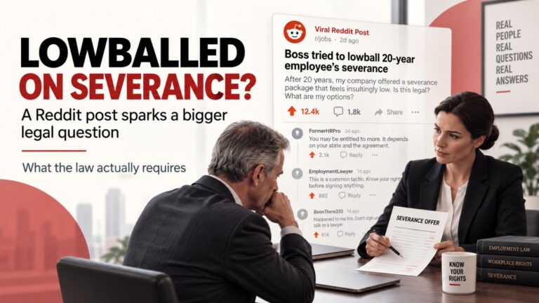 News-style graphic about a viral Reddit severance dispute, showing a longtime employee in a meeting over a severance offer beside a Reddit-style post with thousands of upvotes. Bold headline reads, “Lowballed on Severance?” with the subheading, “A Reddit post sparks a bigger legal question.”