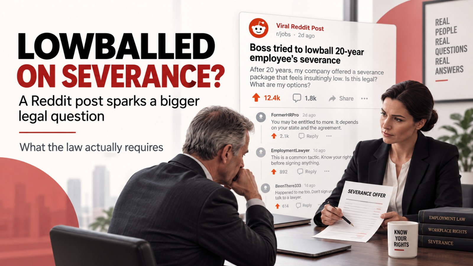 News-style graphic about a viral Reddit severance dispute, showing a longtime employee in a meeting over a severance offer beside a Reddit-style post with thousands of upvotes. Bold headline reads, “Lowballed on Severance?” with the subheading, “A Reddit post sparks a bigger legal question.”