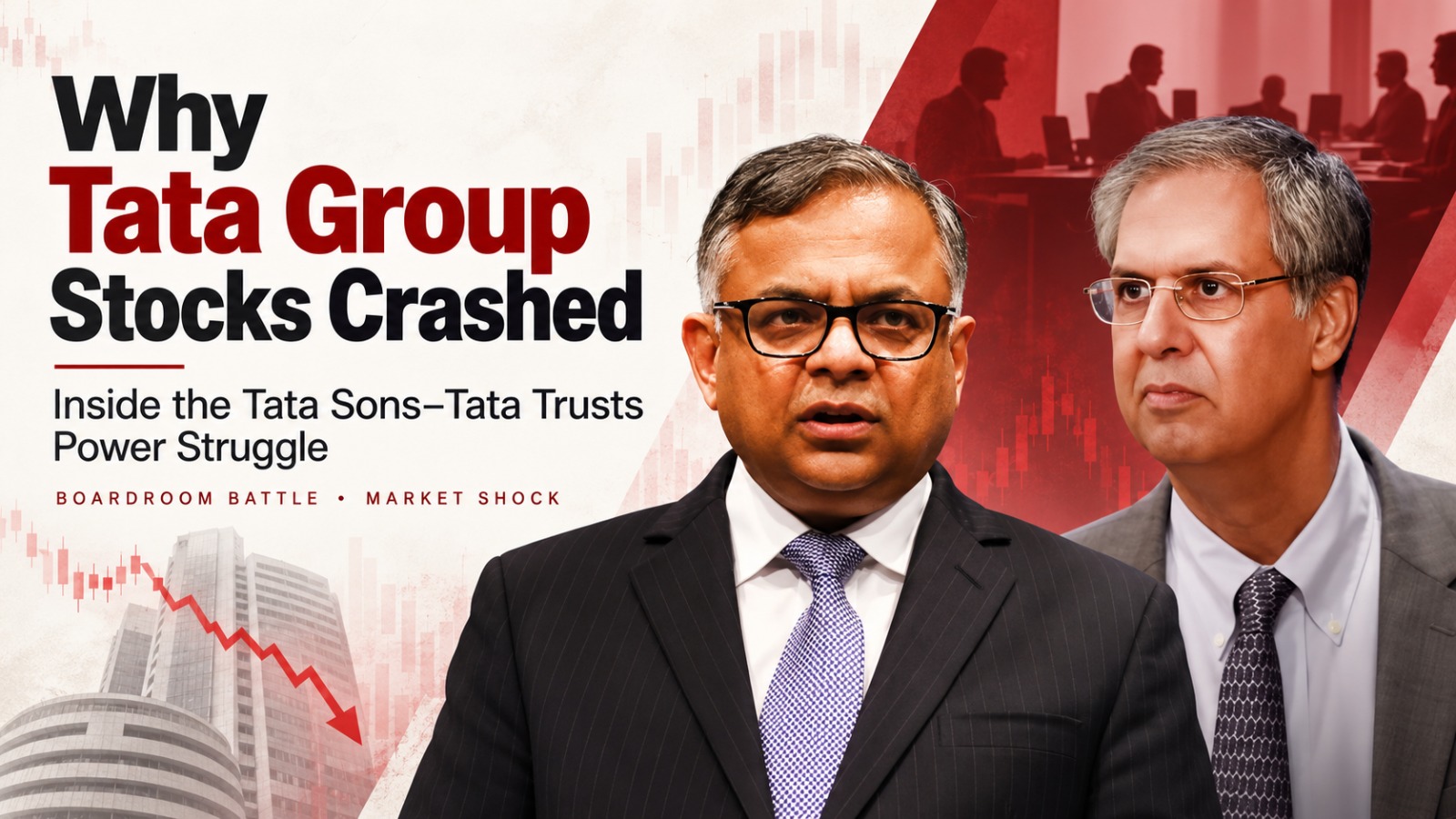 N Chandrasekaran and Noel Tata featured in a corporate news graphic about Tata Group stocks falling, with the headline “Why Tata Group Stocks Crashed” and visual elements showing a downward market chart and boardroom tension.