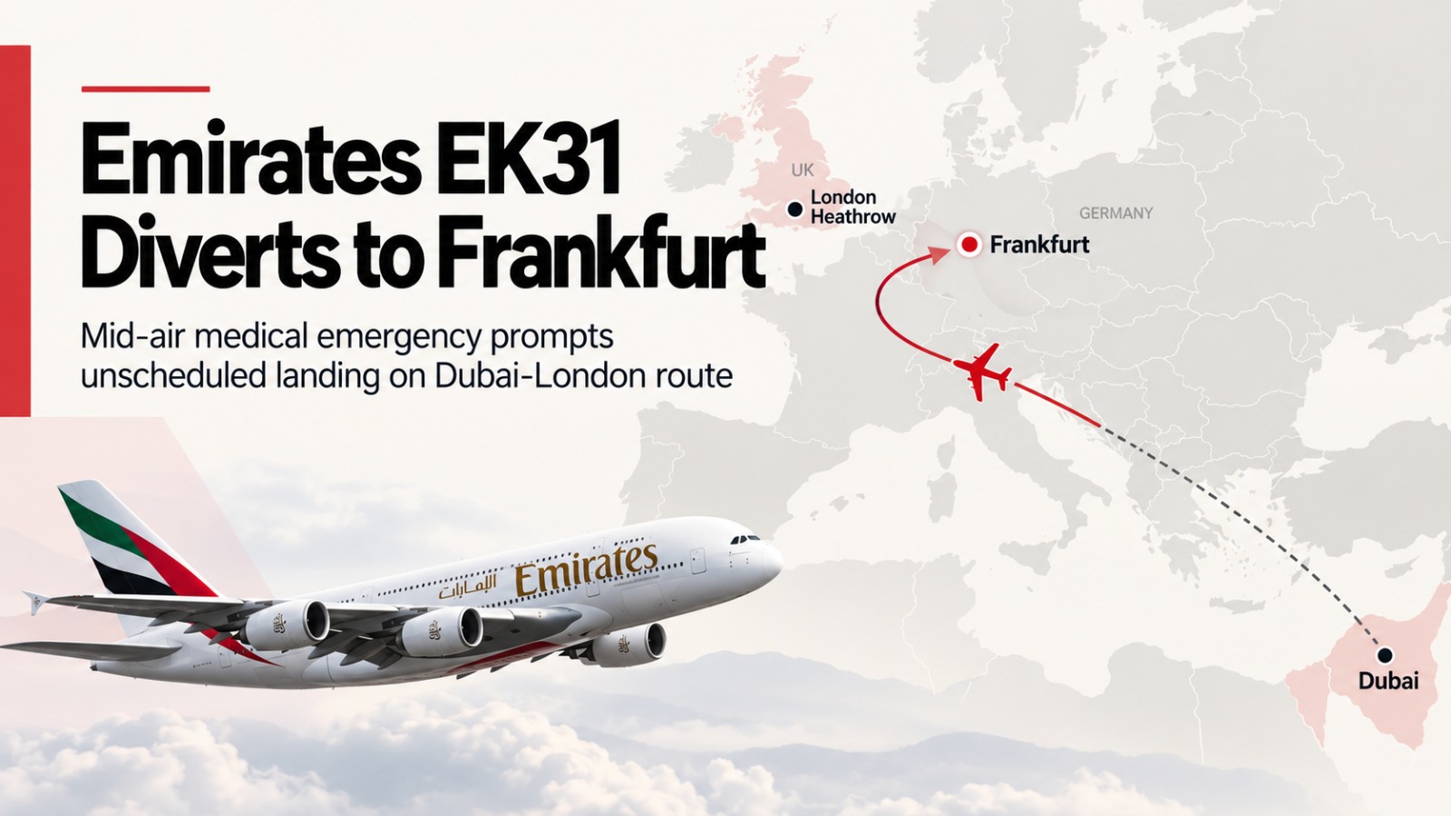 Emirates EK31, Emirates Flight Emergency, Dubai to London Flight, Emirates Medical Emergency, Frankfurt Airport, London Heathrow, Emirates Flight Diversion, EK31 Flight Update, Squawk 7700, Dubai International Airport, Emirates Airlines News, Aviation News, Flight Emergency, Flightradar24, October 1 2026