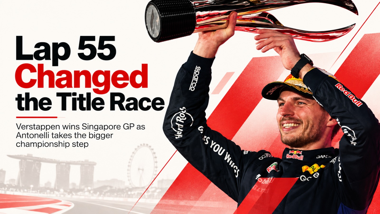 Max Verstappen, Max Verstappen Singapore GP, Singapore Grand Prix 2026, F1 2026, Formula 1, Max Verstappen first Singapore win, Kimi Antonelli, Antonelli title race, Lap 55 overtake, Lewis Hamilton, Charles Leclerc, Lando Norris, Oscar Piastri, Red Bull Racing, Mercedes F1, Ferrari F1, Formula 1 news, Singapore GP results, Marina Bay Circuit, F1 championship
